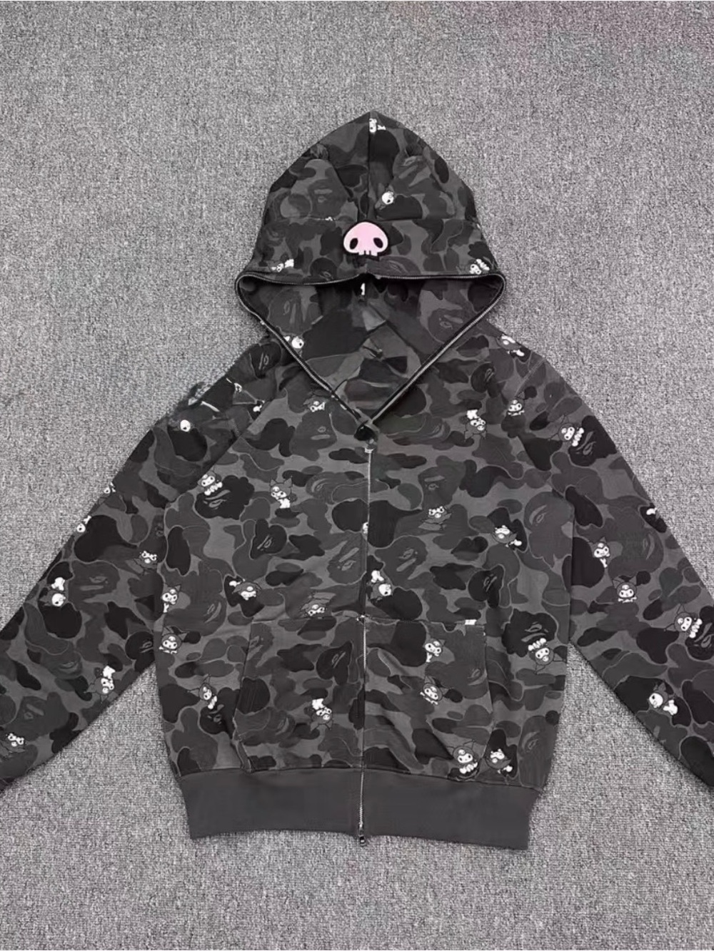 Bape Black & Gray Camo Hooded Puffer with Skull Motif